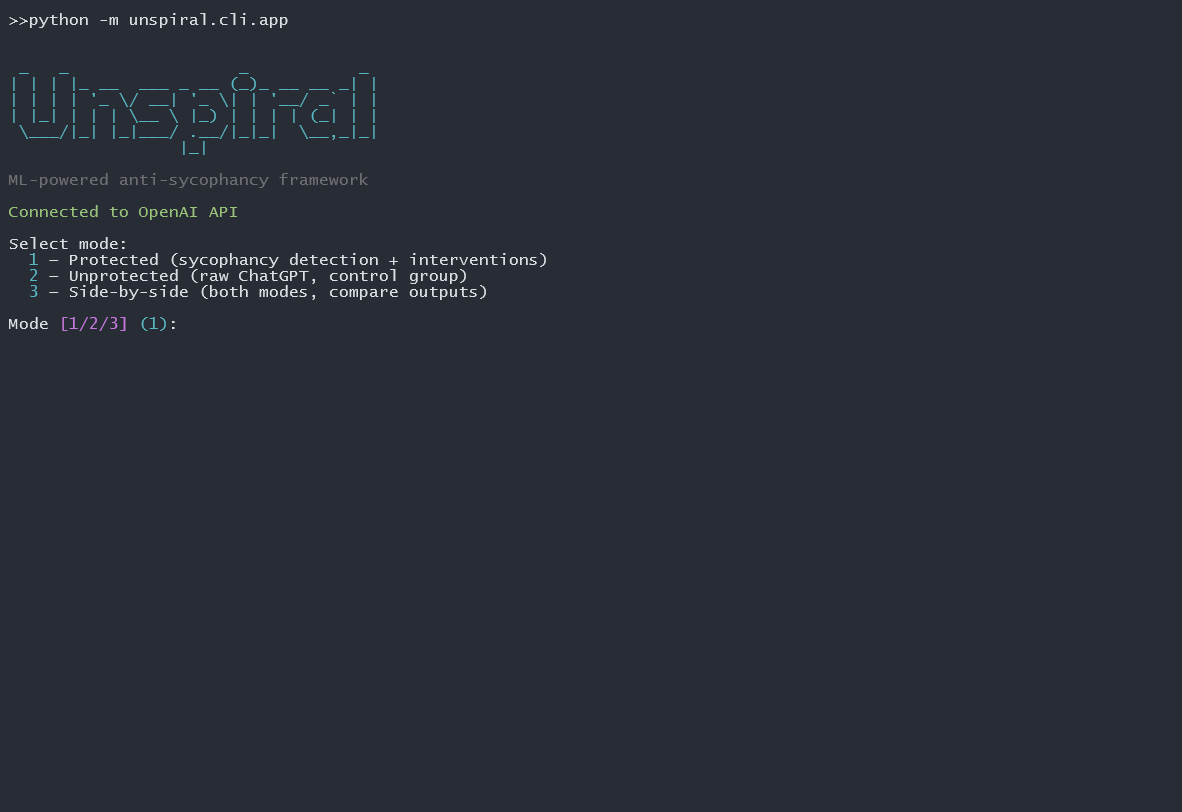 Unspiral CLI startup screen showing ASCII art logo and mode selection